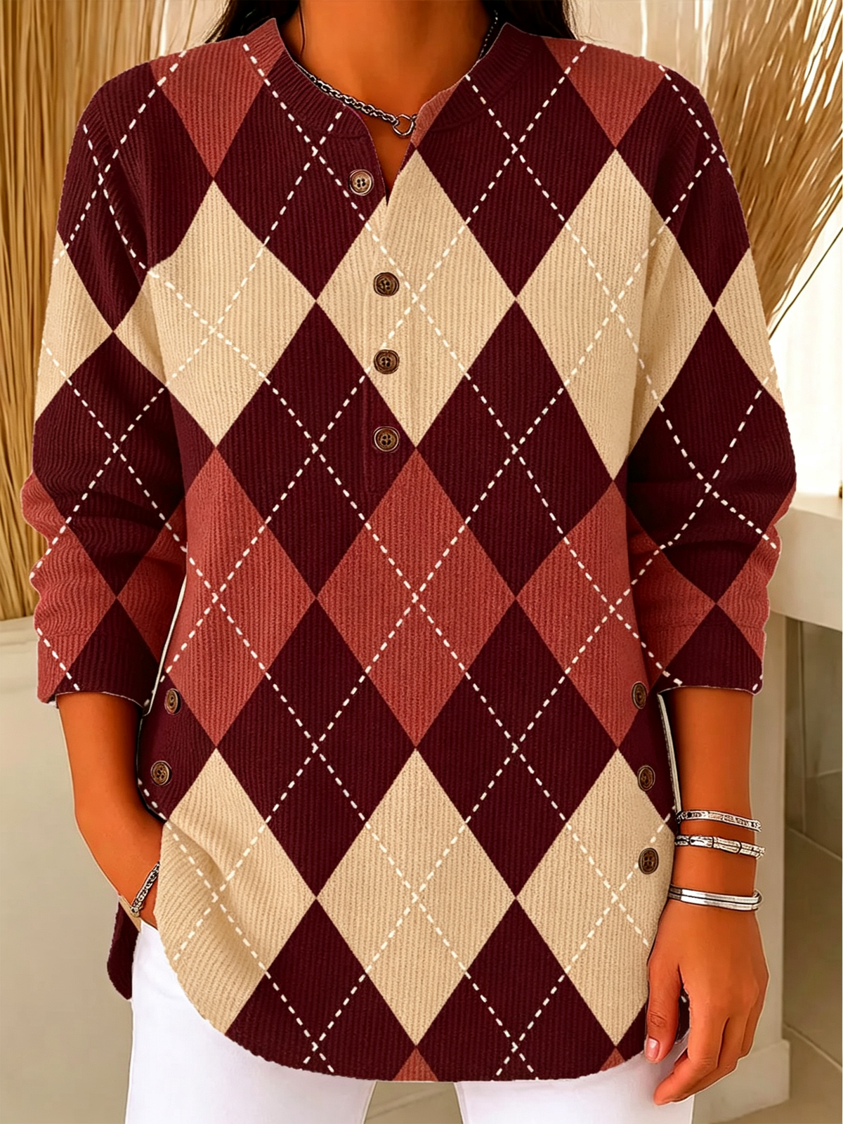 Argyle Henley Knit Long Sleeve Top