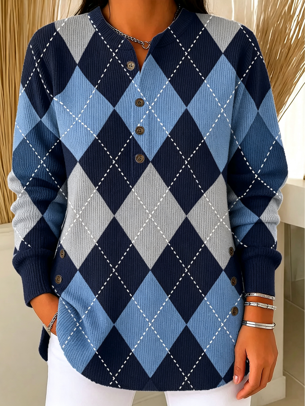 Argyle Henley Knit Long Sleeve Top