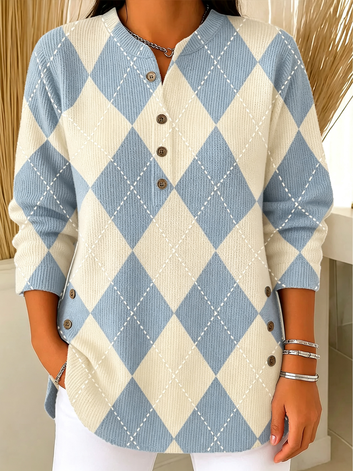 Argyle Henley Knit Long Sleeve Top