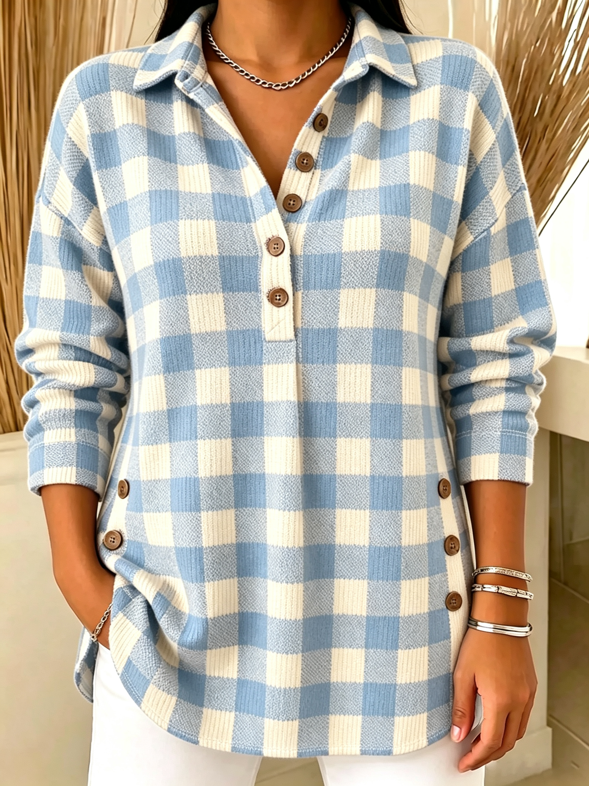 Plaid Henley Collar Knit Top