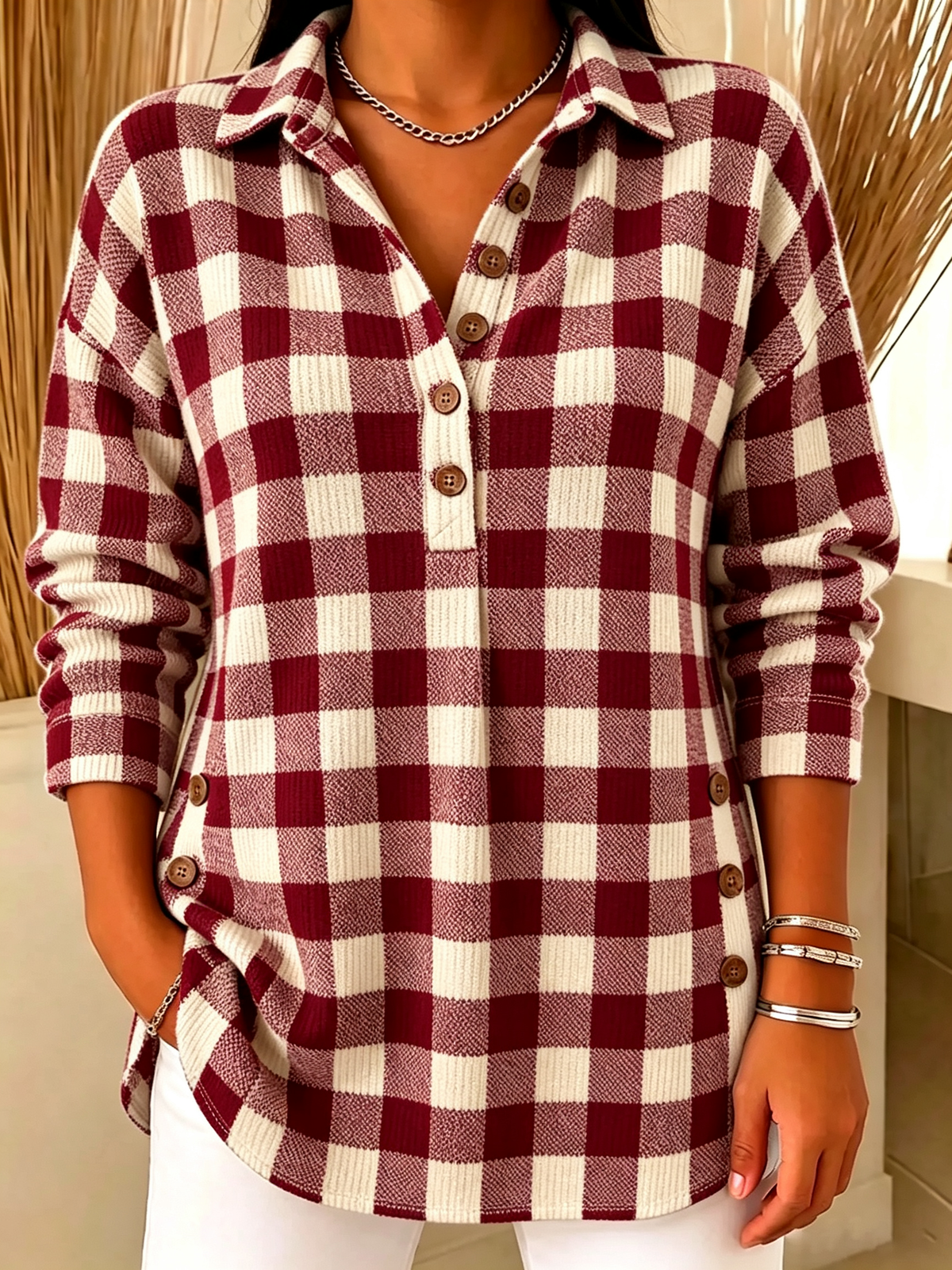 Plaid Henley Collar Knit Top