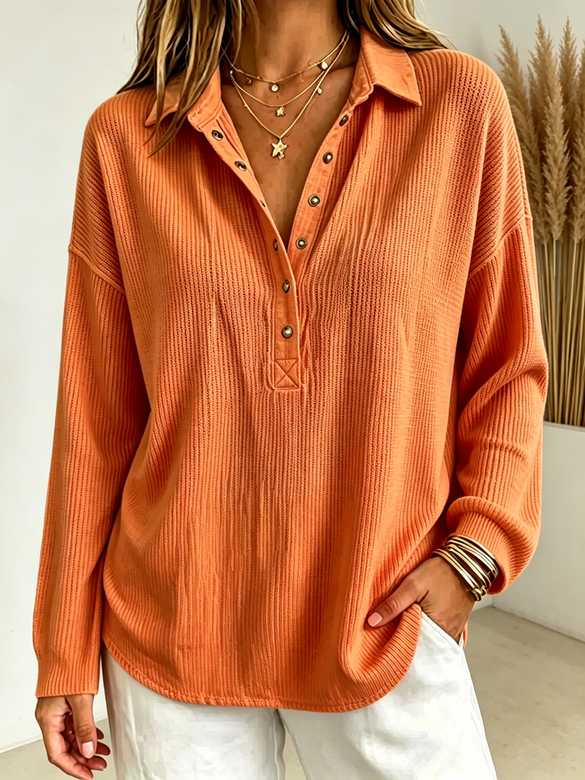 🤍 Women’s Casual Knit Polo Top Long Sleeve Button Collared Shirt