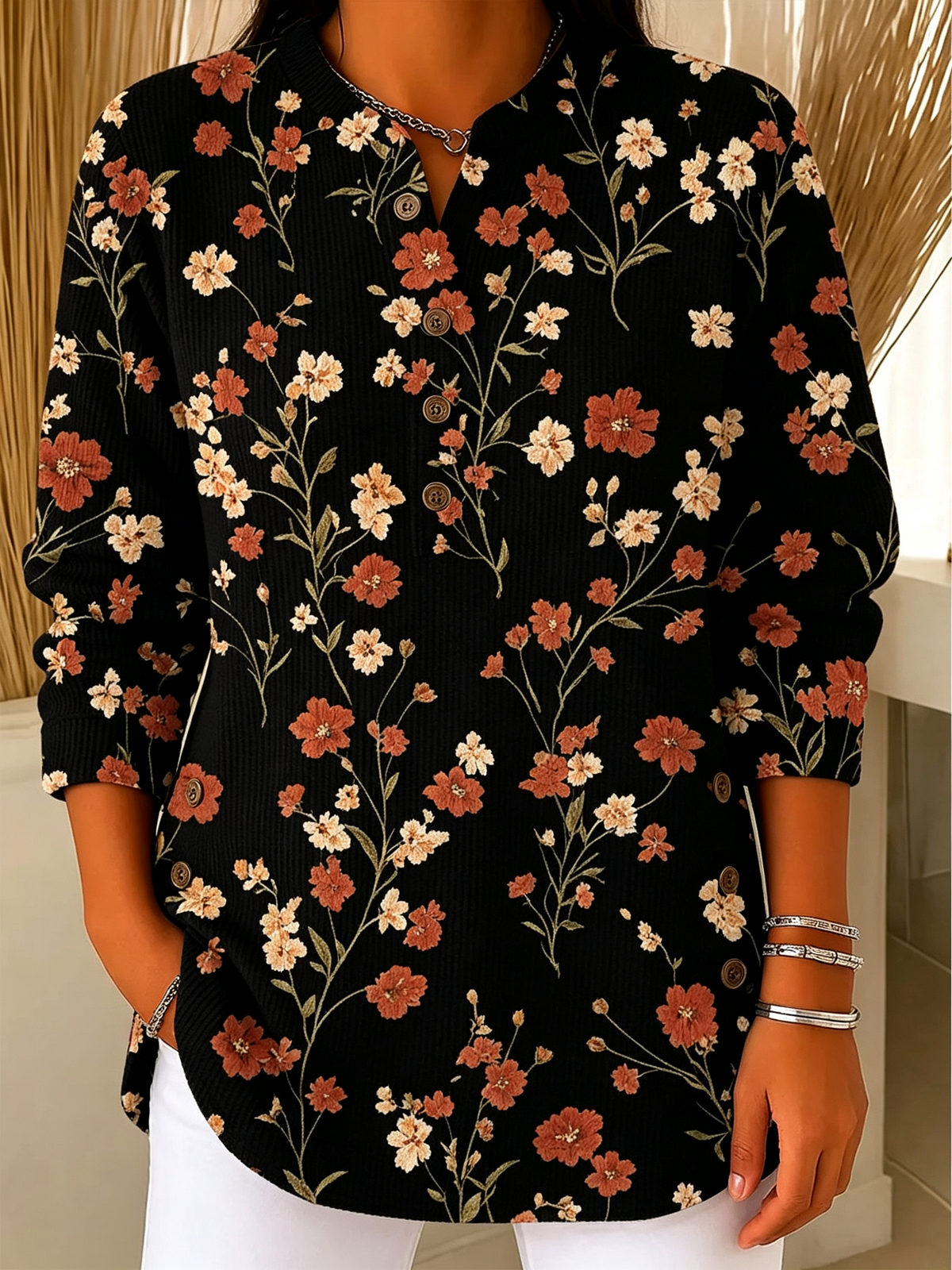 🍁 Women’s Casual Floral Knit Top V-Neck Button Detail Long Sleeve Blouse