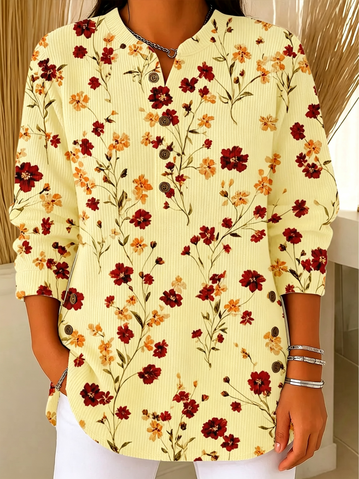 🍁 Women’s Casual Floral Knit Top V-Neck Button Detail Long Sleeve Blouse