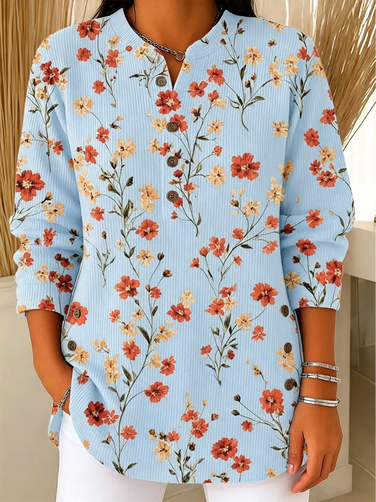 🍁 Women’s Casual Floral Knit Top V-Neck Button Detail Long Sleeve Blouse