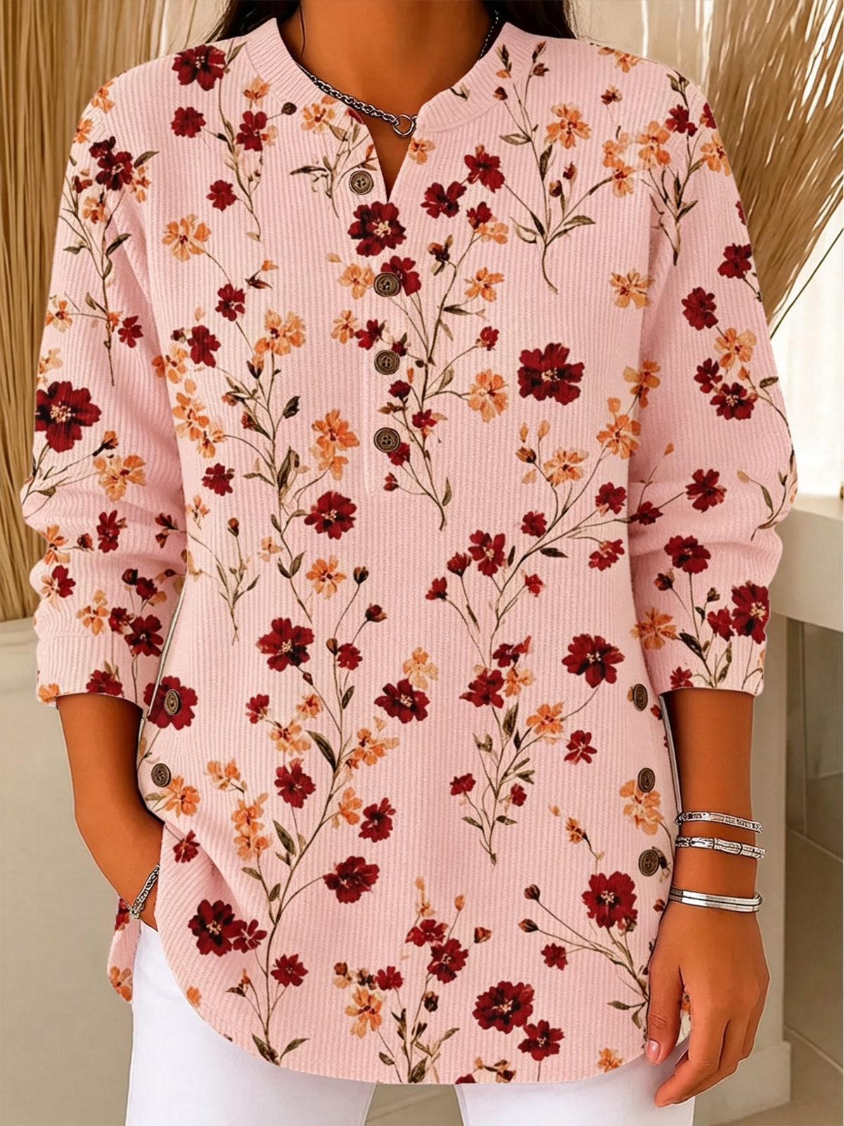 🍁 Women’s Casual Floral Knit Top V-Neck Button Detail Long Sleeve Blouse