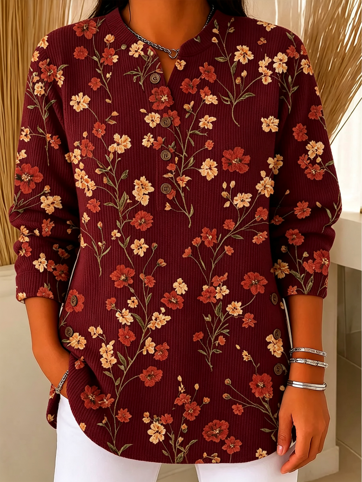 🍁 Women’s Casual Floral Knit Top V-Neck Button Detail Long Sleeve Blouse