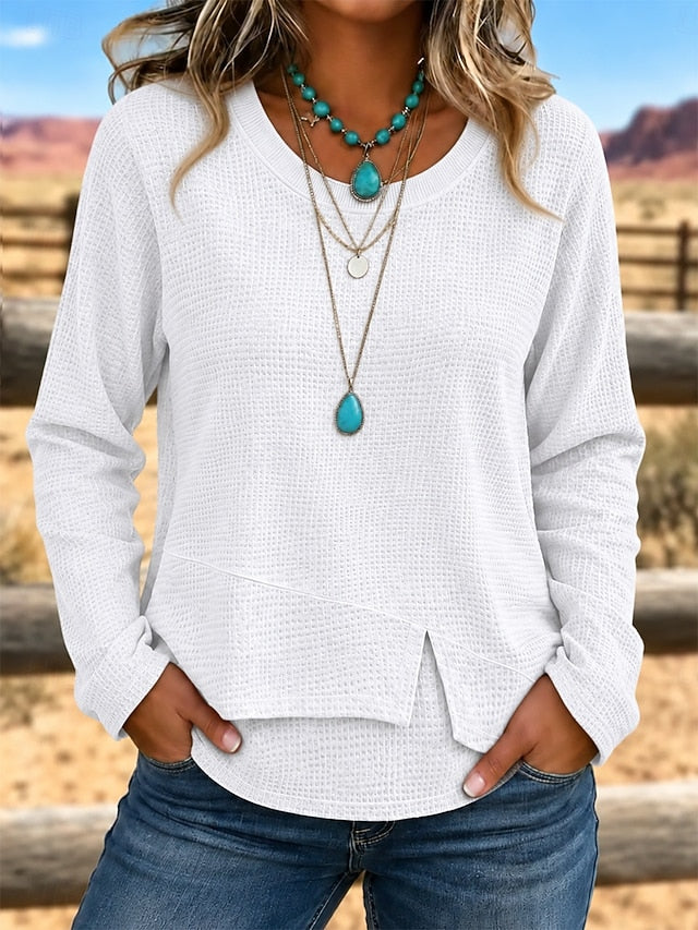 Women’s Casual Waffle Knit Top Crewneck Long Sleeve Asymmetric Hem Blouse