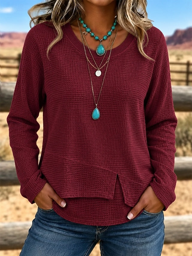 Women’s Casual Waffle Knit Top Crewneck Long Sleeve Asymmetric Hem Blouse