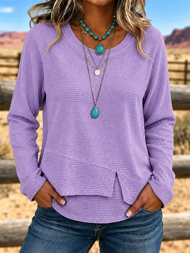 Women’s Casual Waffle Knit Top Crewneck Long Sleeve Asymmetric Hem Blouse
