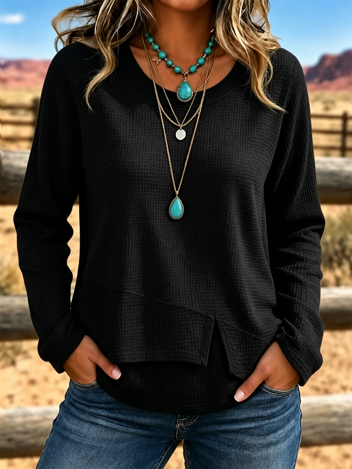 Women’s Casual Waffle Knit Top Crewneck Long Sleeve Asymmetric Hem Blouse