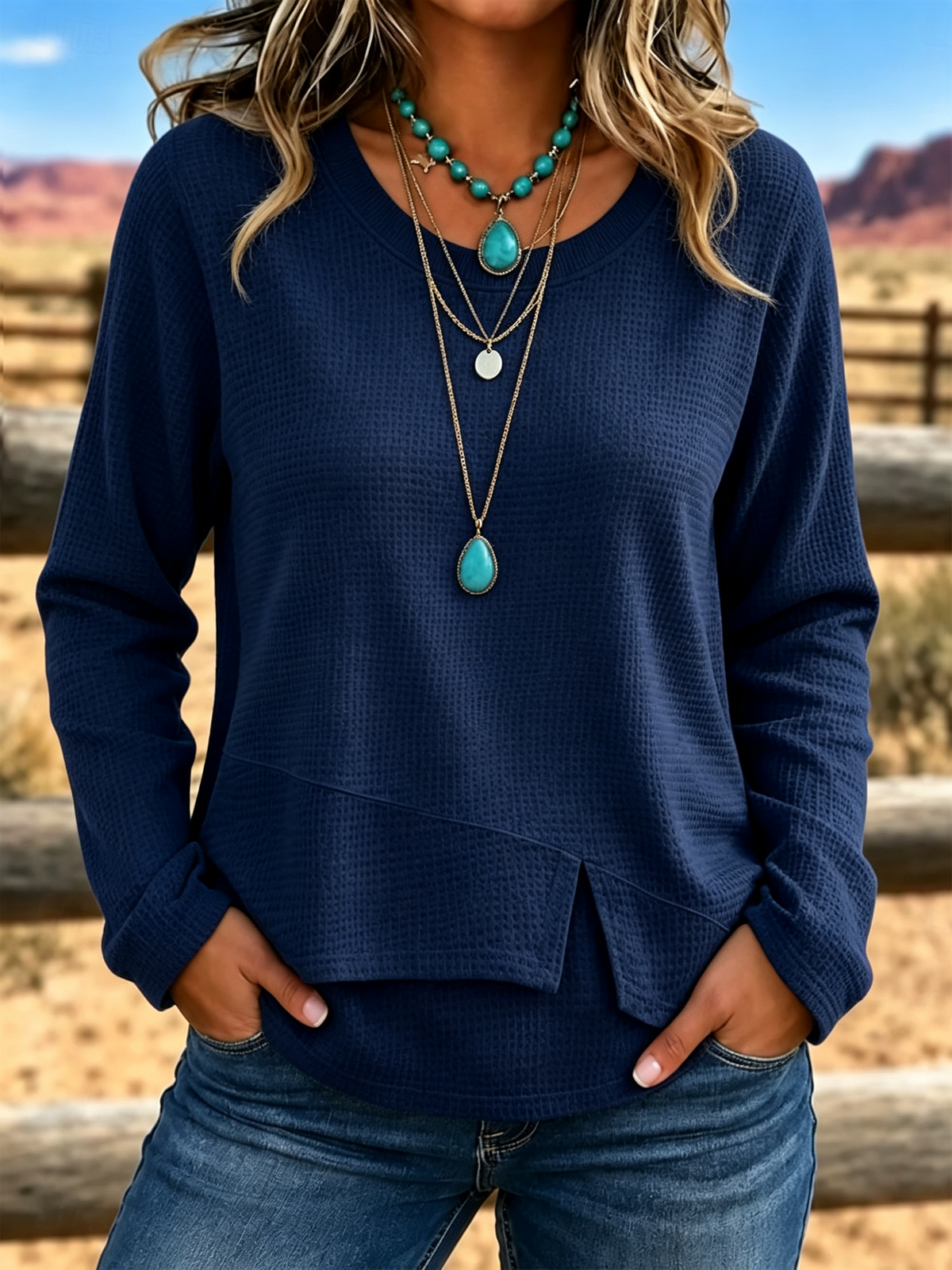Women’s Casual Waffle Knit Top Crewneck Long Sleeve Asymmetric Hem Blouse