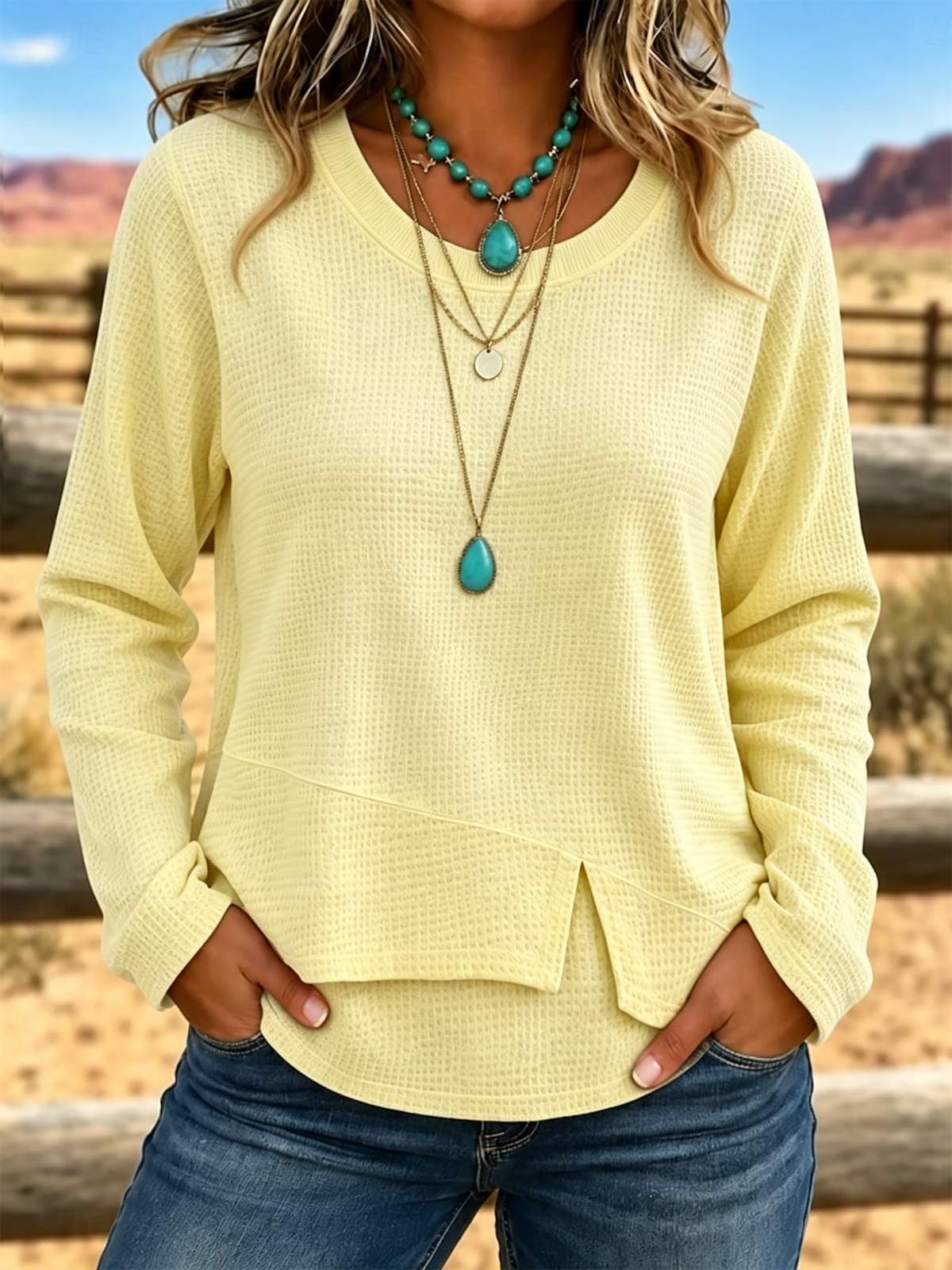 Women’s Casual Waffle Knit Top Crewneck Long Sleeve Asymmetric Hem Blouse