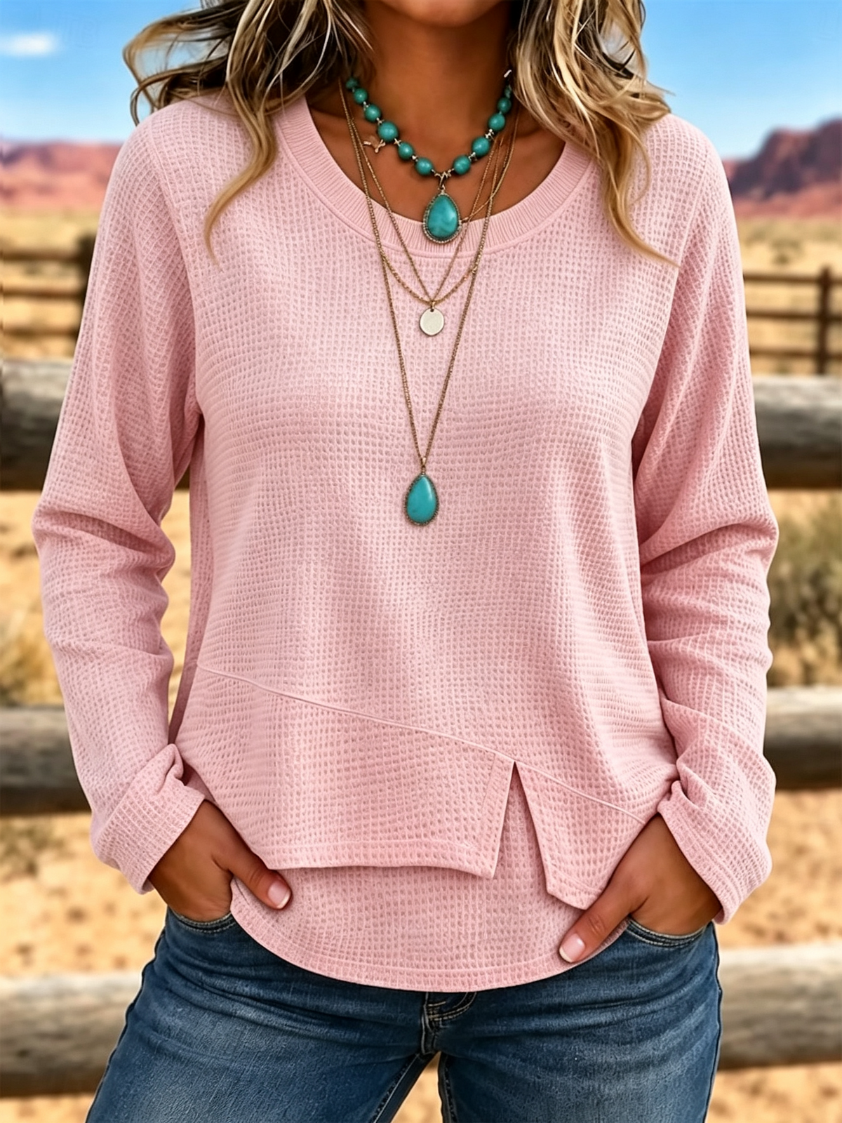 Women’s Casual Waffle Knit Top Crewneck Long Sleeve Asymmetric Hem Blouse