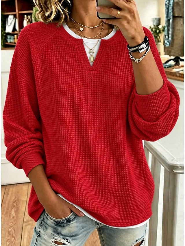 Women’s Casual Waffle Knit Top Crewneck Faux Two-Piece Long Sleeve Blouse