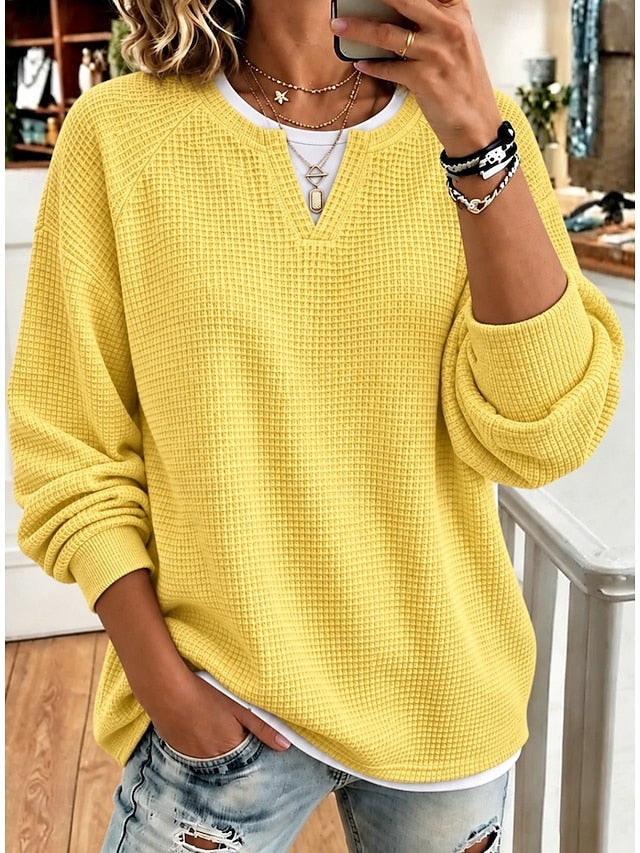 Women’s Casual Waffle Knit Top Crewneck Faux Two-Piece Long Sleeve Blouse