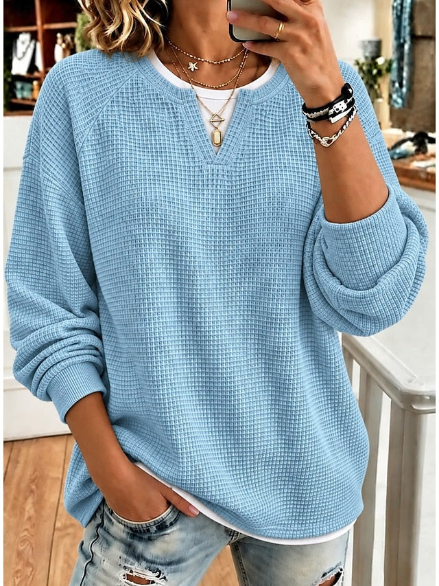 Women’s Casual Waffle Knit Top Crewneck Faux Two-Piece Long Sleeve Blouse