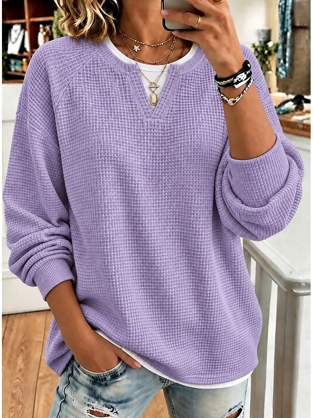 Women’s Casual Waffle Knit Top Crewneck Faux Two-Piece Long Sleeve Blouse