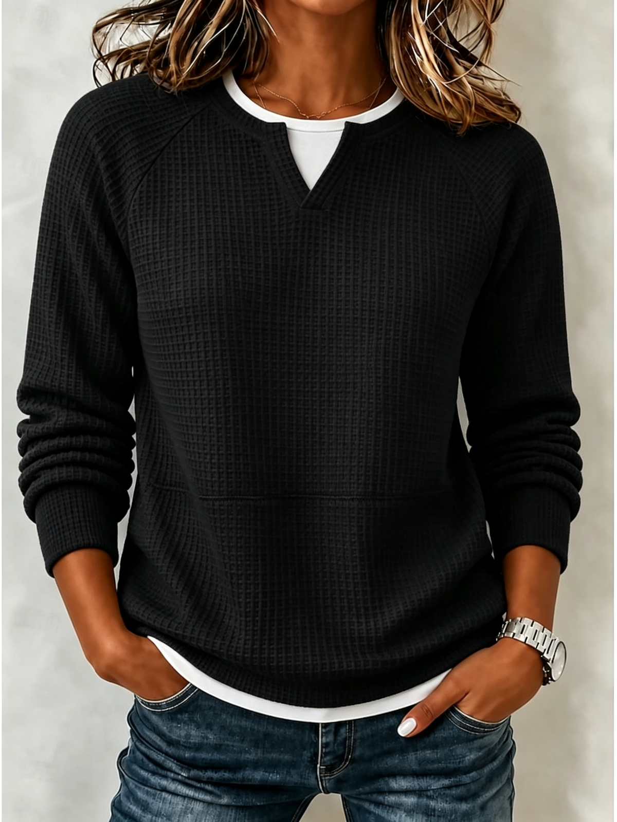 Women’s Casual Waffle Knit Top Crewneck Faux Two-Piece Long Sleeve Blouse