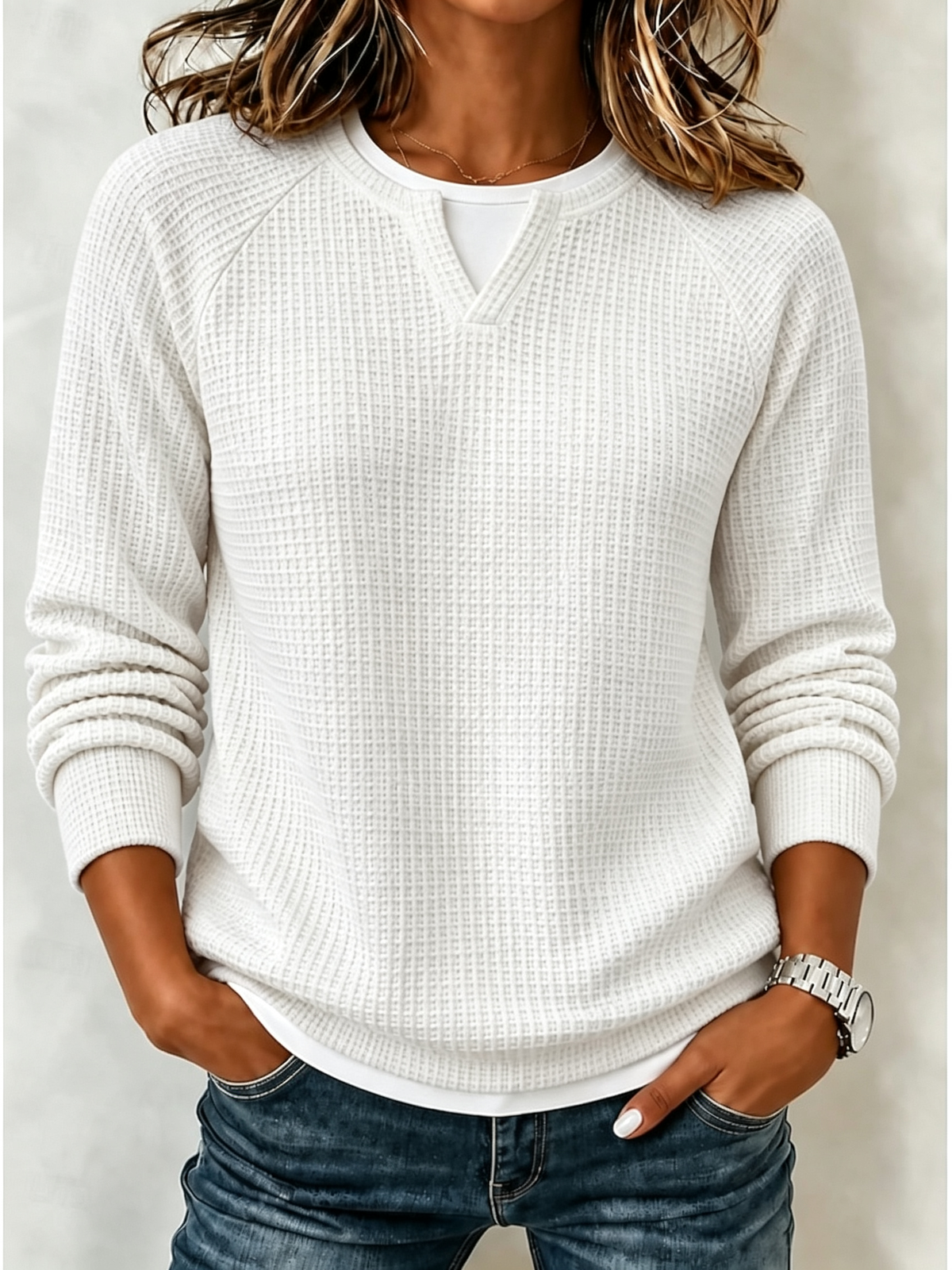 Women’s Casual Waffle Knit Top Crewneck Faux Two-Piece Long Sleeve Blouse