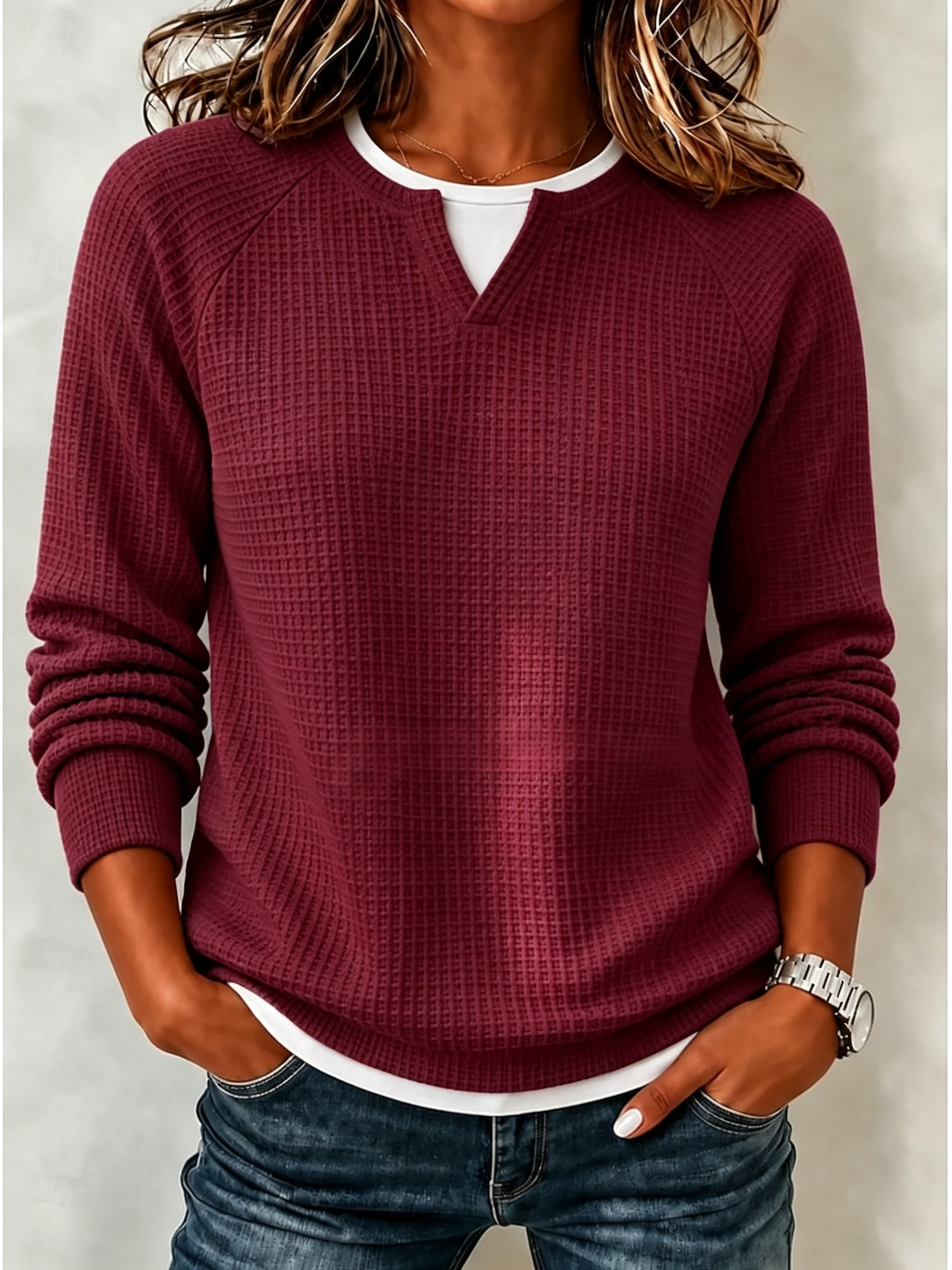 Women’s Casual Waffle Knit Top Crewneck Faux Two-Piece Long Sleeve Blouse