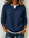 Women’s Casual Waffle Knit Top Crewneck Faux Two-Piece Long Sleeve Blouse
