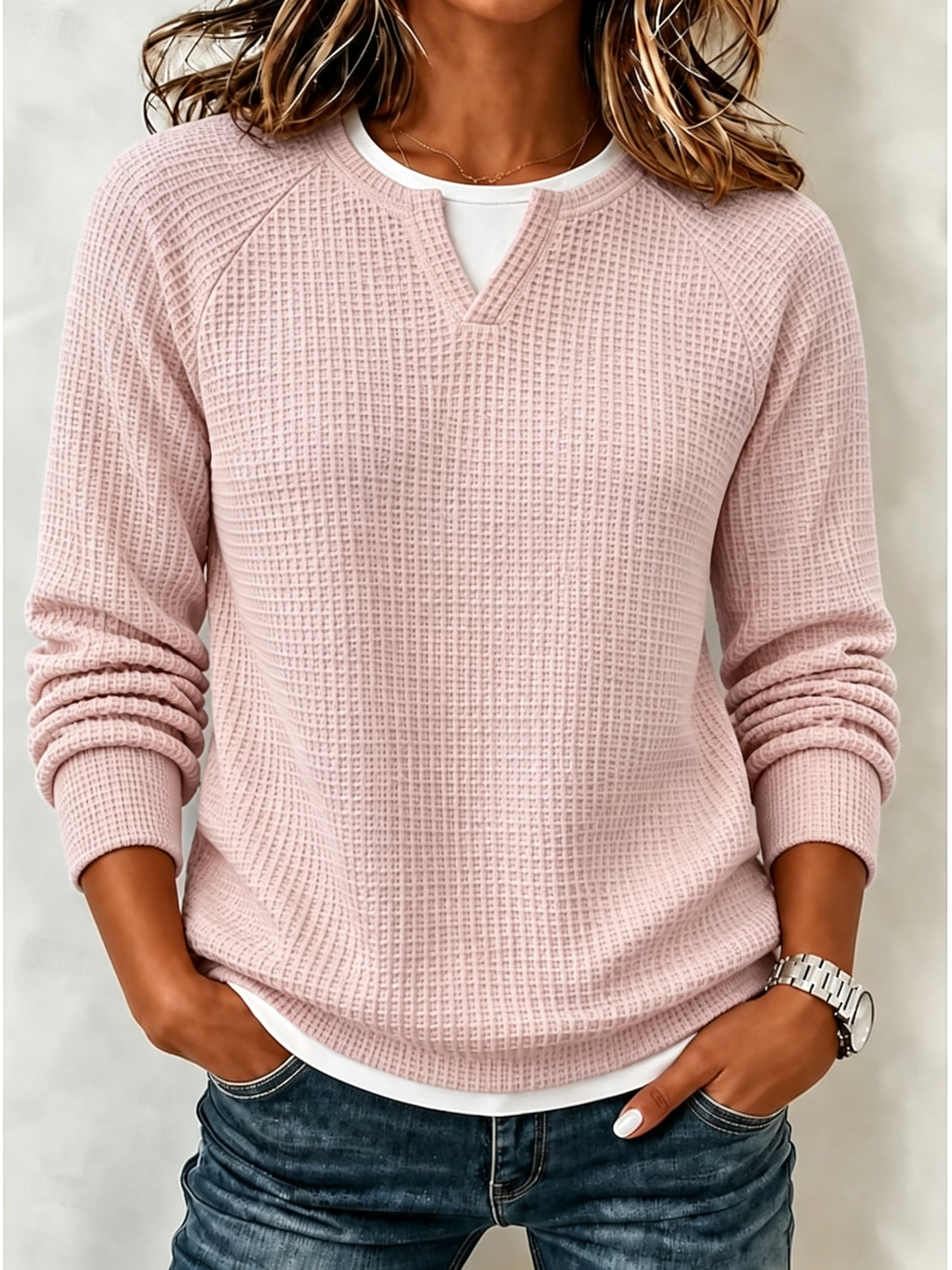 Women’s Casual Waffle Knit Top Crewneck Faux Two-Piece Long Sleeve Blouse