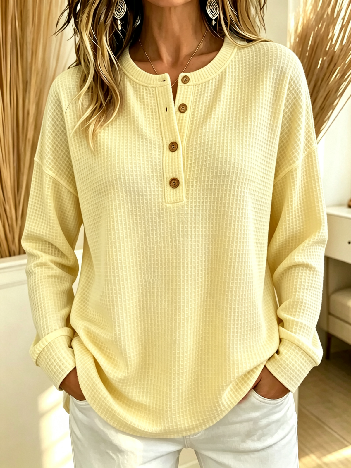 Women’s Casual Waffle Knit Top Polo Crewneck Button Detail Long Sleeve Blouse