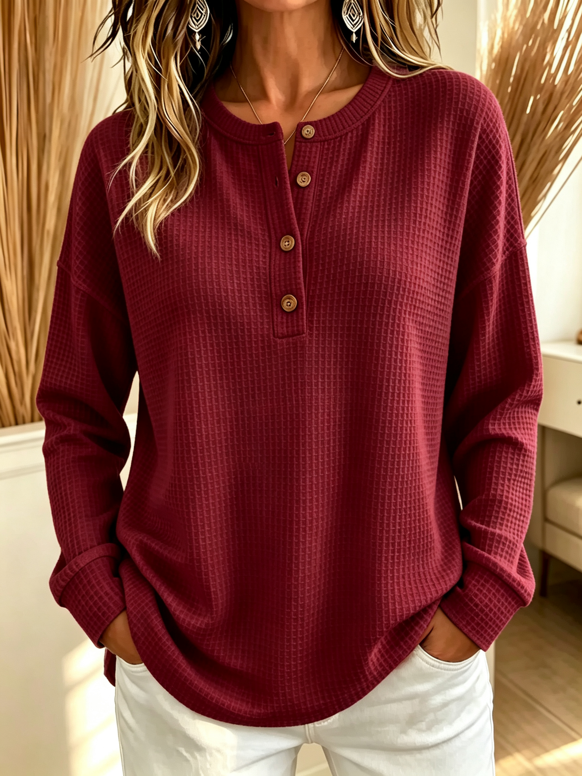 Women’s Casual Waffle Knit Top Polo Crewneck Button Detail Long Sleeve Blouse