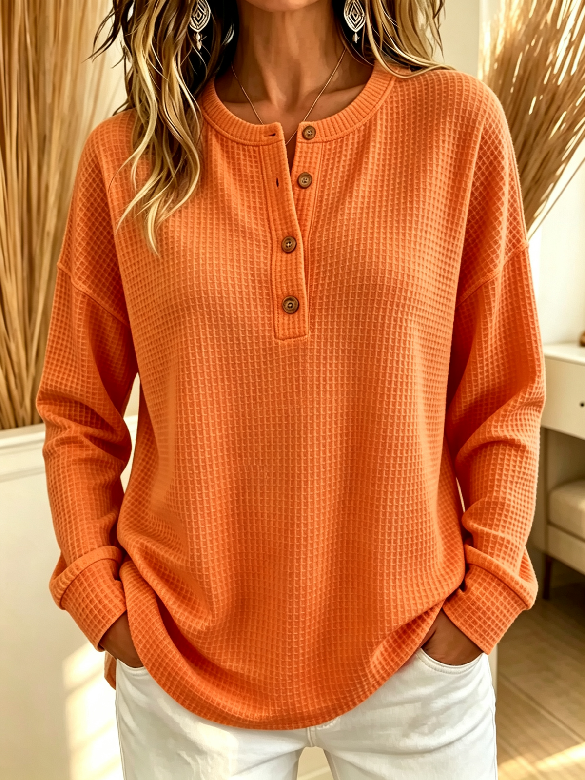 Women’s Casual Waffle Knit Top Polo Crewneck Button Detail Long Sleeve Blouse
