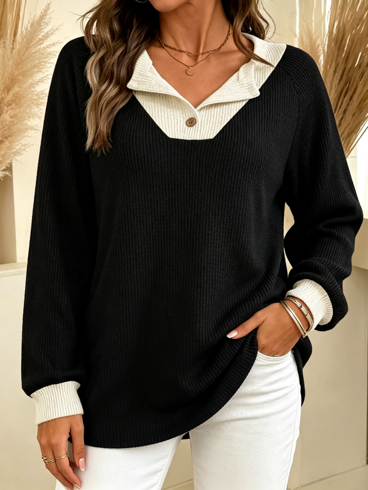 ✨Women’s Casual Knit Top Contrast Collar Cuff Long Sleeve Patchwork Blouse