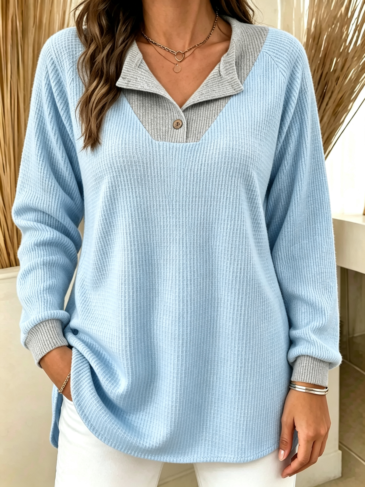 ✨Women’s Casual Knit Top Contrast Collar Cuff Long Sleeve Patchwork Blouse