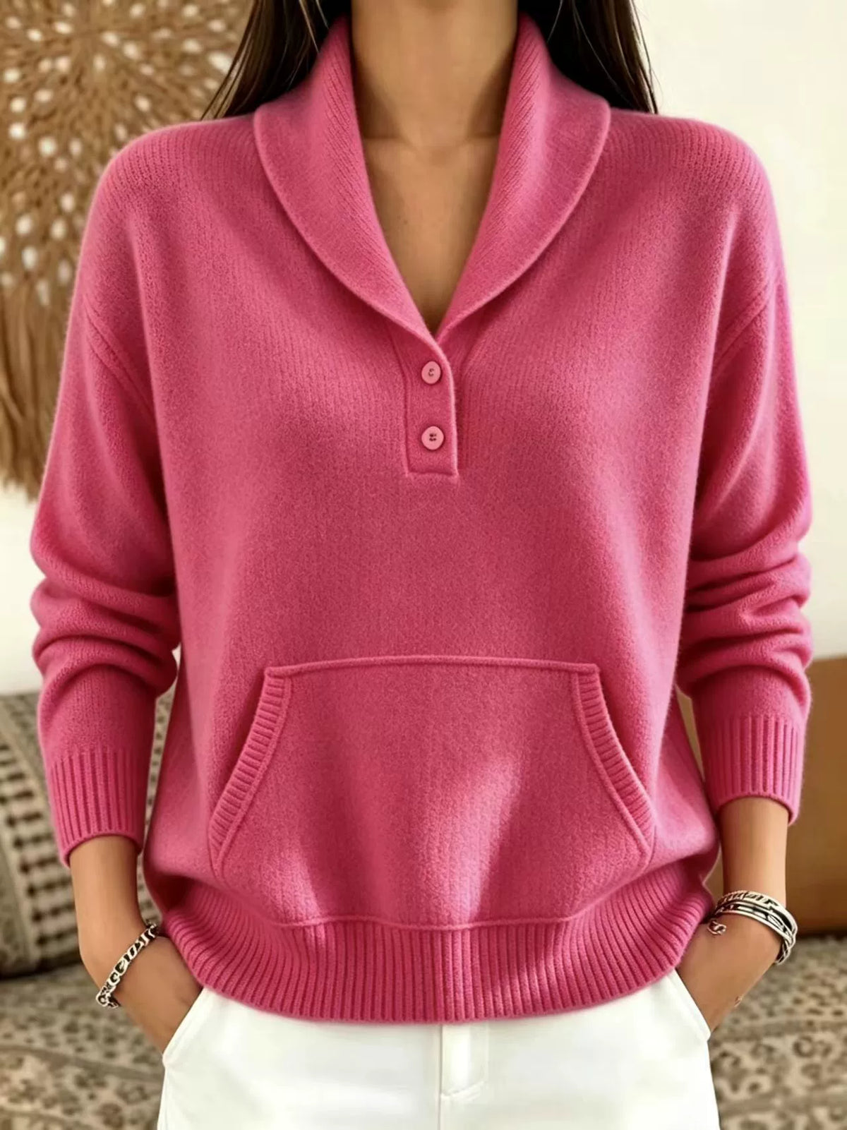 ✨Women’s Casual Knit Top Shawl Collar Button Front Pocket Long Sleeve Sweater