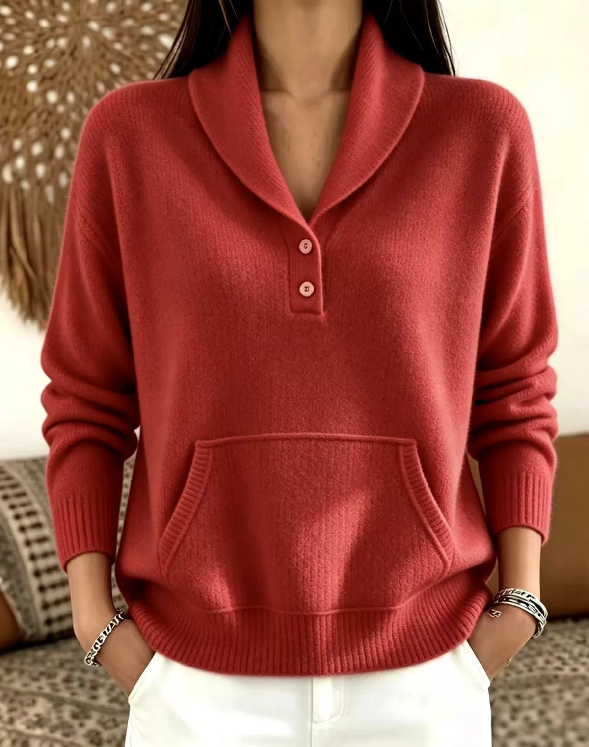 ✨Women’s Casual Knit Top Shawl Collar Button Front Pocket Long Sleeve Sweater