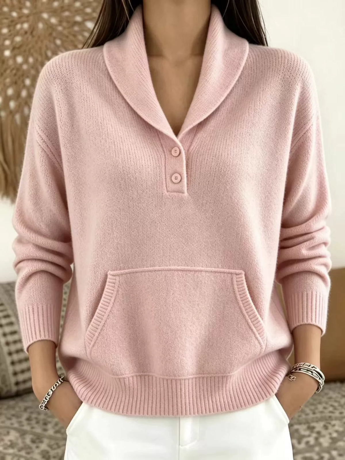 ✨Women’s Casual Knit Top Shawl Collar Button Front Pocket Long Sleeve Sweater