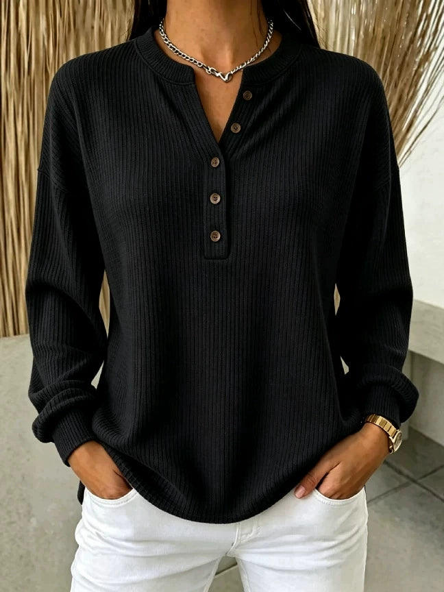 🍁 Women’s Casual Waffle Knit Top Crewneck Button Front Long Sleeve Blouse
