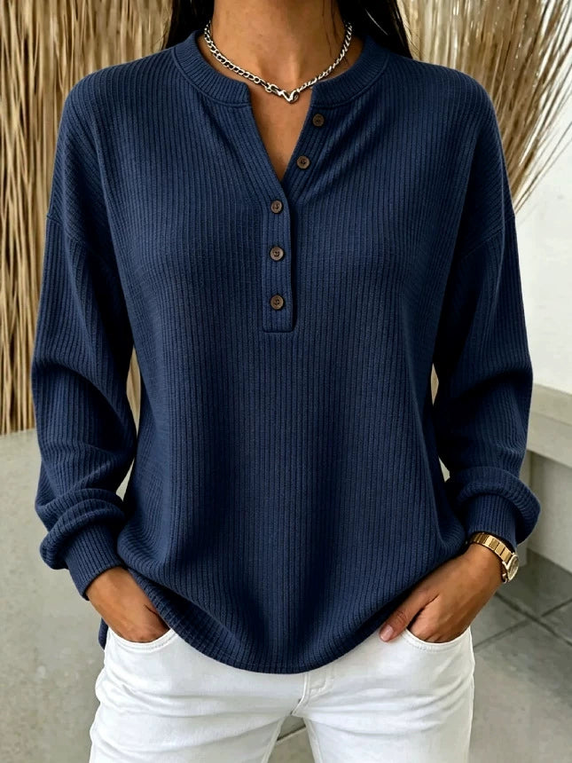 🍁 Women’s Casual Waffle Knit Top Crewneck Button Front Long Sleeve Blouse