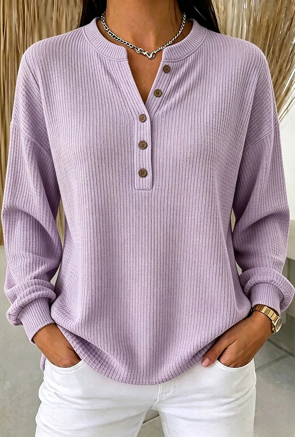 🍁 Women’s Casual Waffle Knit Top Crewneck Button Front Long Sleeve Blouse