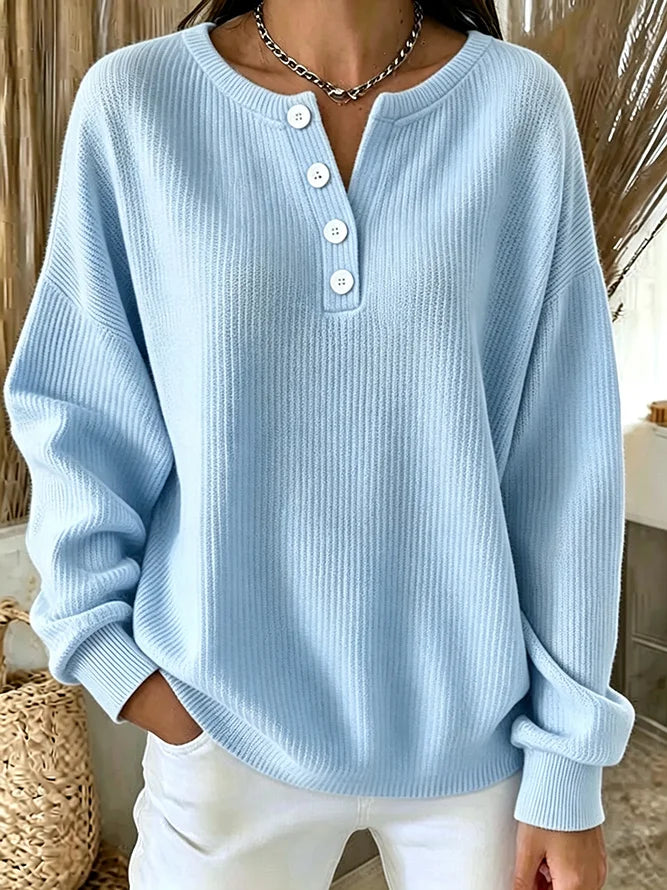 ✨Women’s Casual Knit Top Crewneck Button Front Long Sleeve Relaxed Blouse