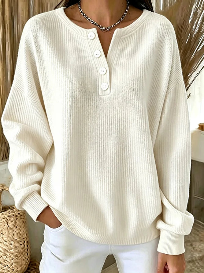 ✨Women’s Casual Knit Top Crewneck Button Front Long Sleeve Relaxed Blouse