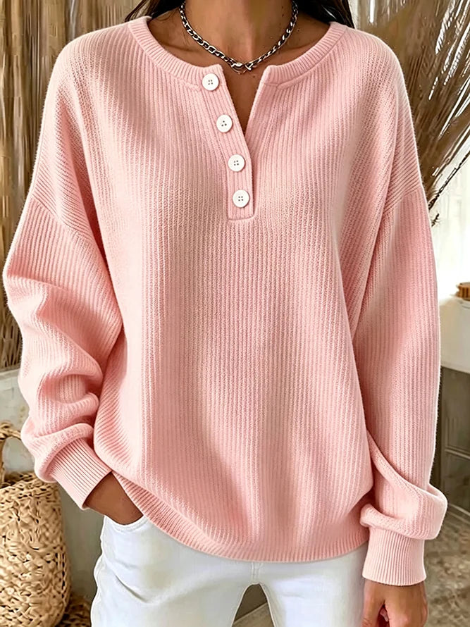 ✨Women’s Casual Knit Top Crewneck Button Front Long Sleeve Relaxed Blouse