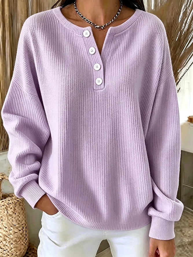 ✨Women’s Casual Knit Top Crewneck Button Front Long Sleeve Relaxed Blouse