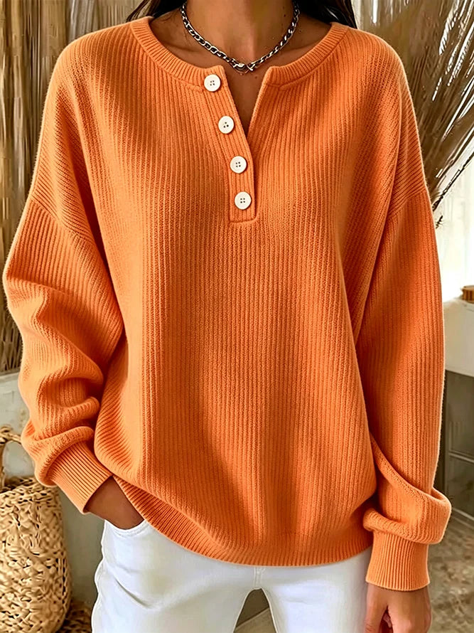 ✨Women’s Casual Knit Top Crewneck Button Front Long Sleeve Relaxed Blouse