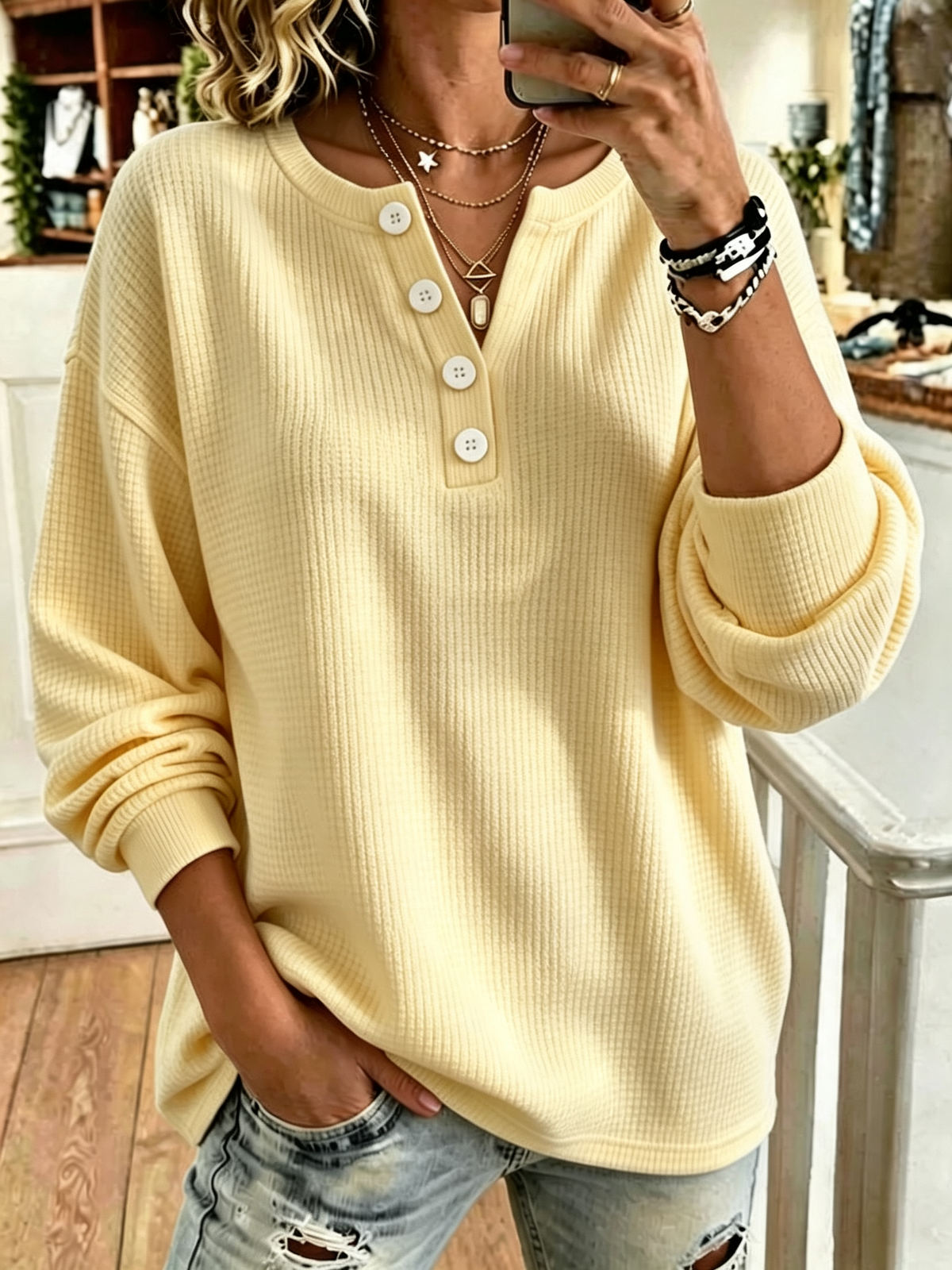 ✨Women’s Casual Knit Top Crewneck Button Front Long Sleeve Relaxed Blouse