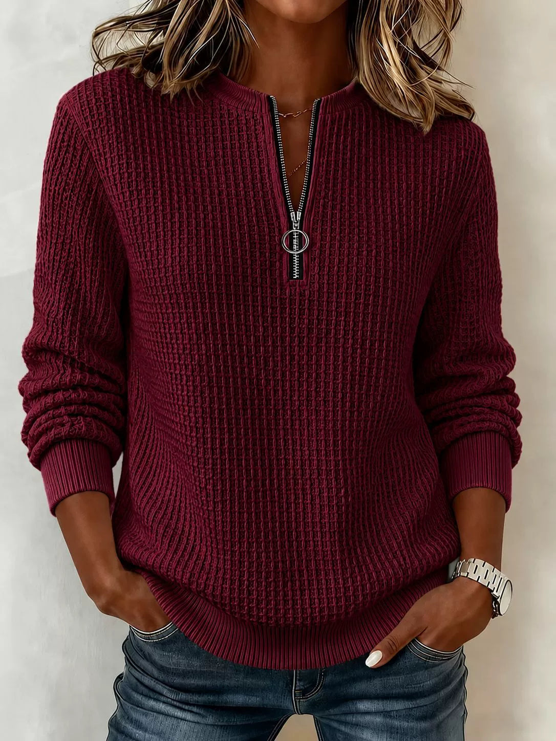 2026 Early Black Friday 🍂 Women’s Casual Waffle Knit Top Crewneck Half-Zip Long Sleeve Blouse
