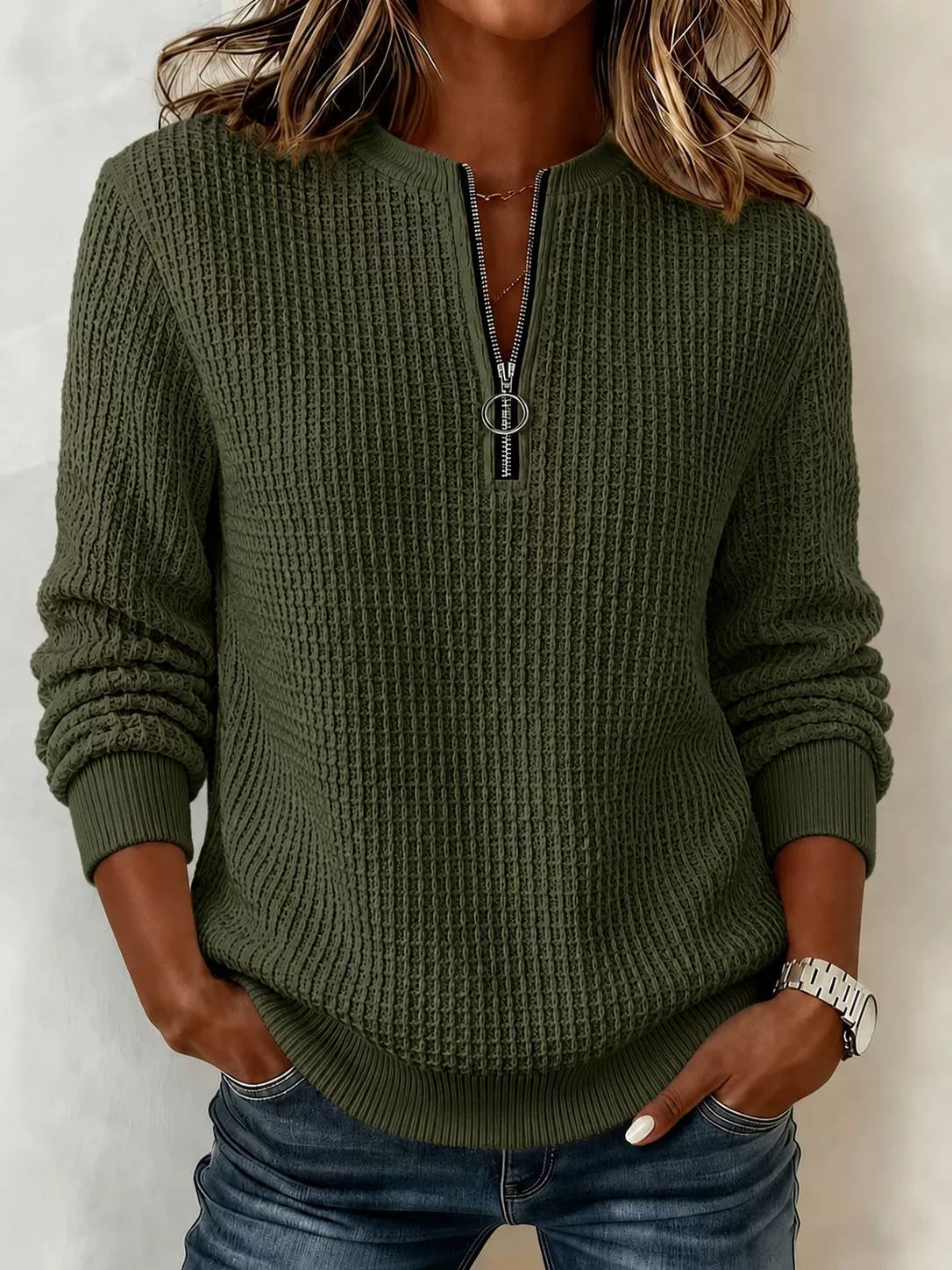 2026 Early Black Friday 🍂 Women’s Casual Waffle Knit Top Crewneck Half-Zip Long Sleeve Blouse