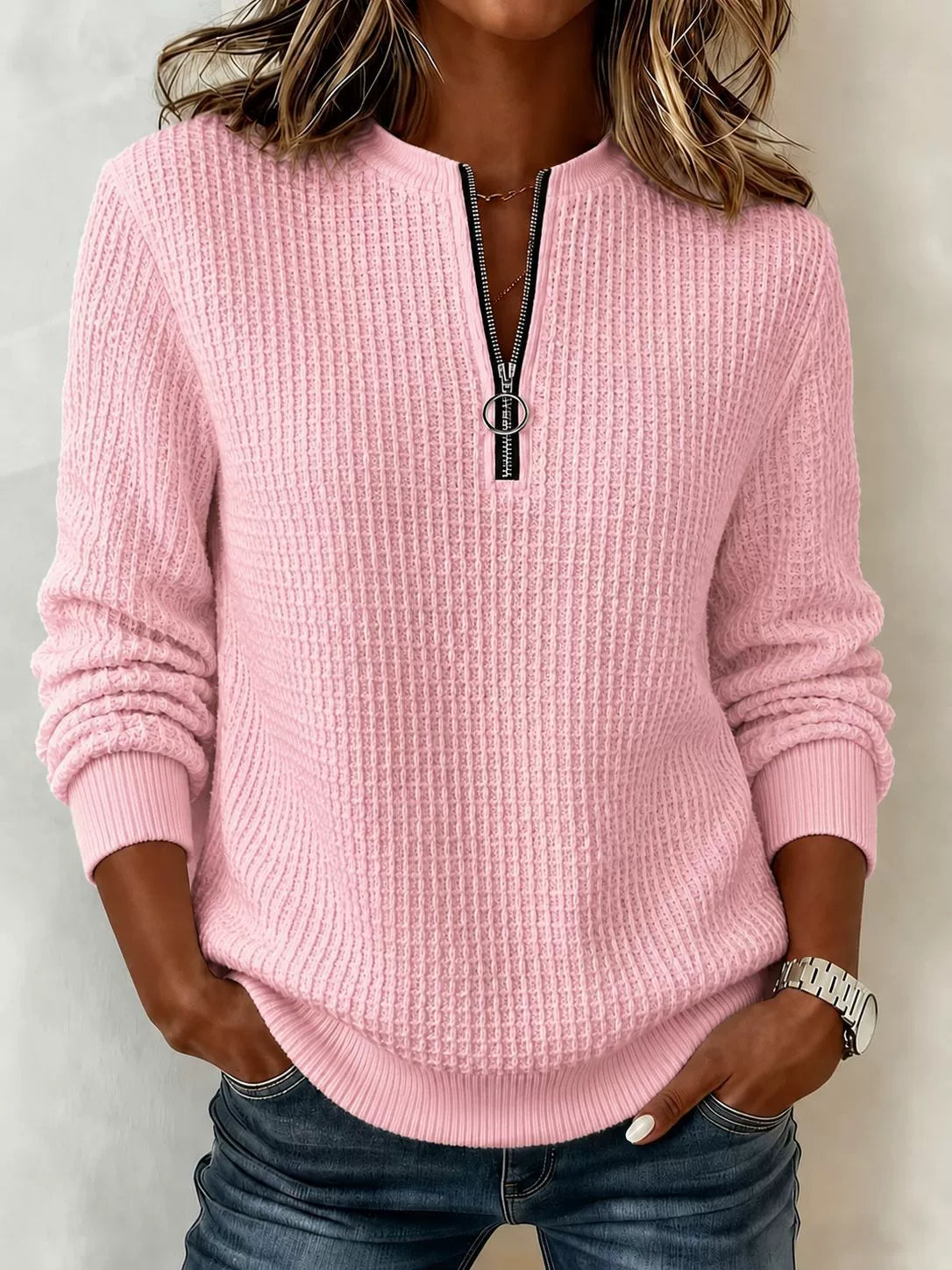 2026 Early Black Friday 🍂 Women’s Casual Waffle Knit Top Crewneck Half-Zip Long Sleeve Blouse