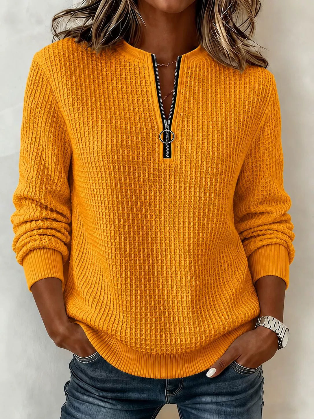 2026 Early Black Friday 🍂 Women’s Casual Waffle Knit Top Crewneck Half-Zip Long Sleeve Blouse
