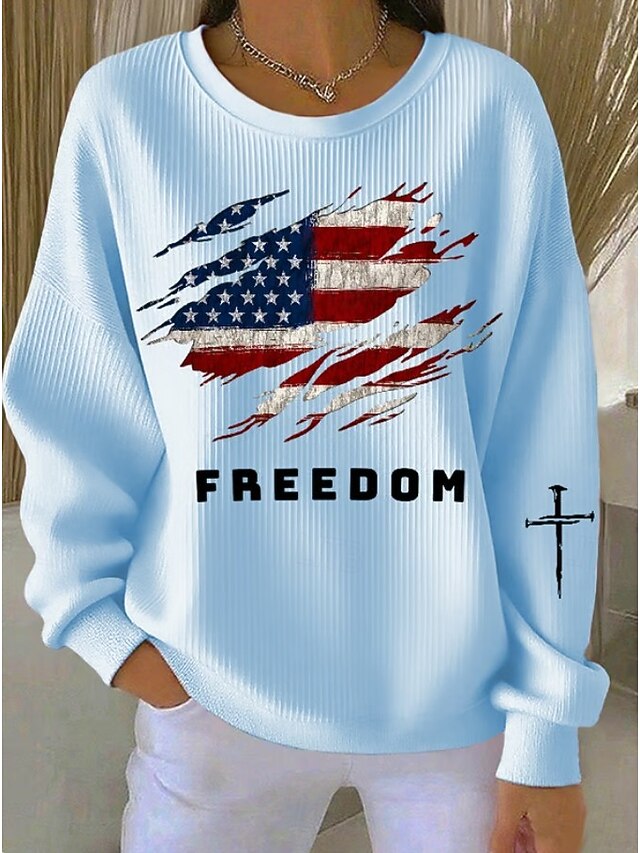 ✨Women’s Casual Crewneck Top American Flag Print Long Sleeve Blouse