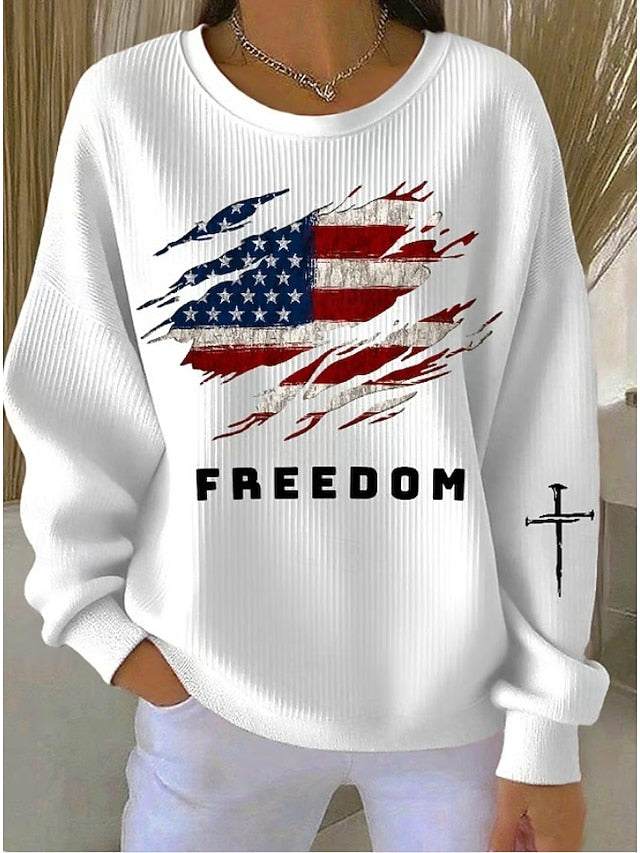 ✨Women’s Casual Crewneck Top American Flag Print Long Sleeve Blouse